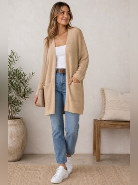 GAP Open Front Ribbed Cardigan Tan Beige Lightweight Duster L NWT